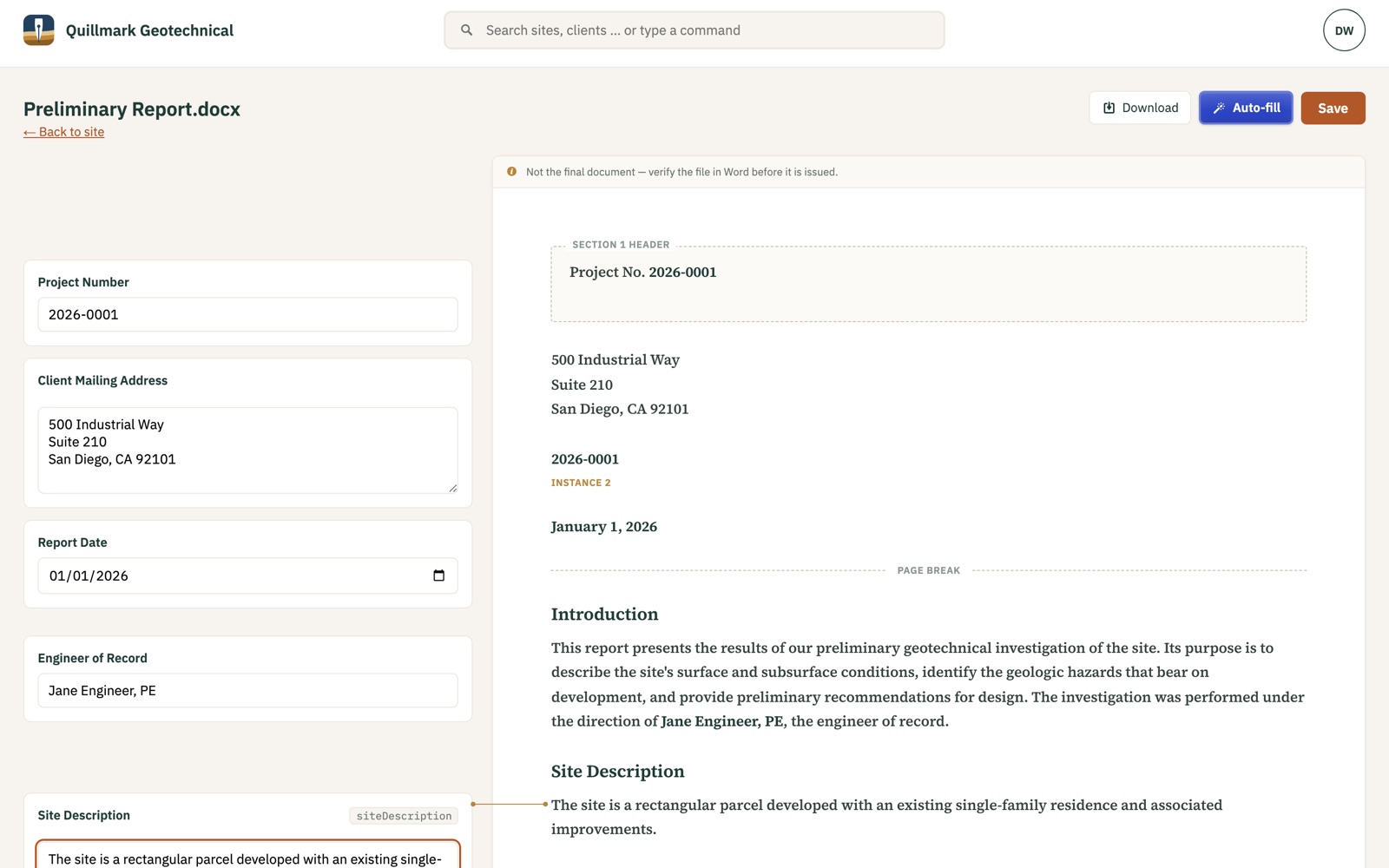 The Fill page: form fields on the left, the report’s sections on the right, and a line from the focused Site Description field to the paragraph it filled.