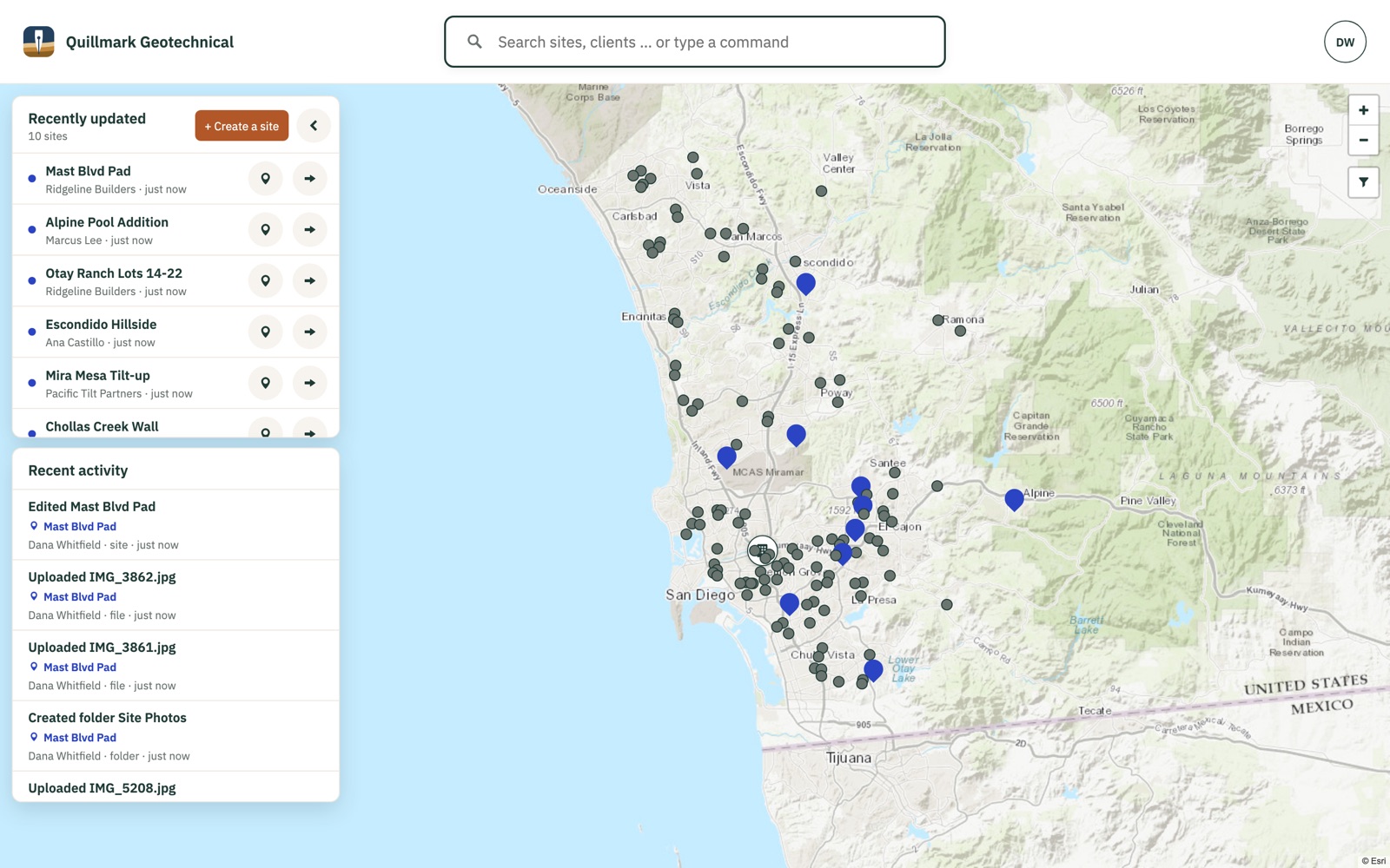 Terraclerk Home: recently updated sites and recent activity beside a map of San Diego County with a year of the firm’s sites pinned.