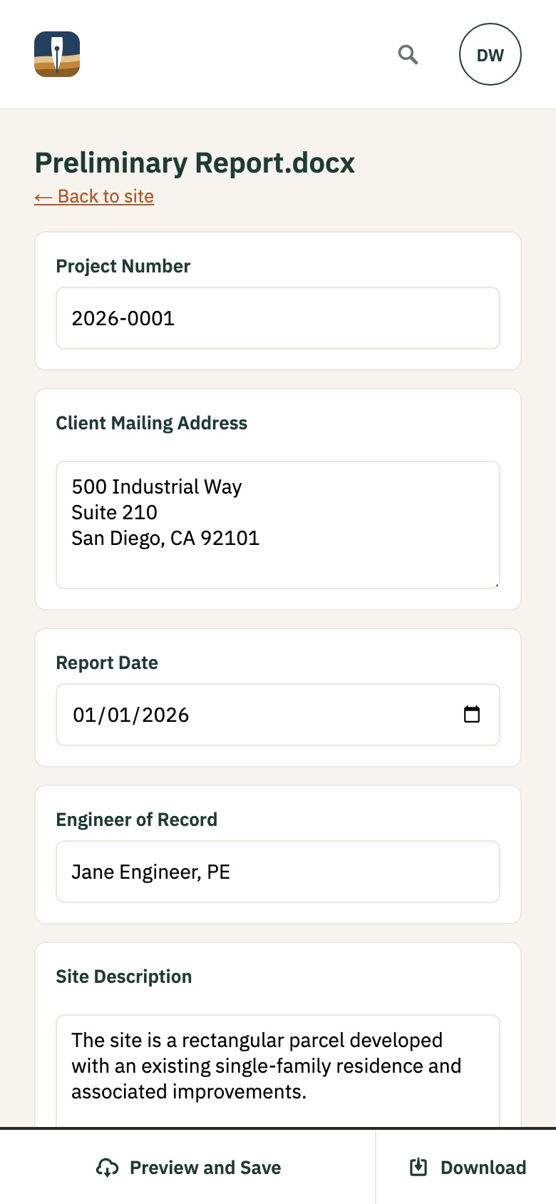 The Fill page on a phone: one field per card, with Preview and Save and Download at the bottom.