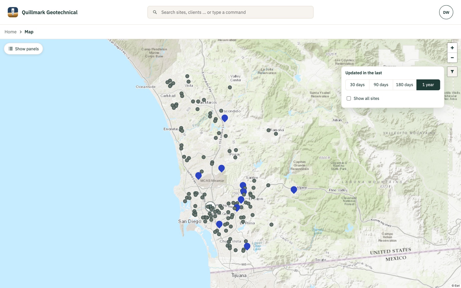 A full-width map of San Diego County with a year of the firm’s sites pinned, recent ones in blue and older ones in grey, and the date filter open on one year.