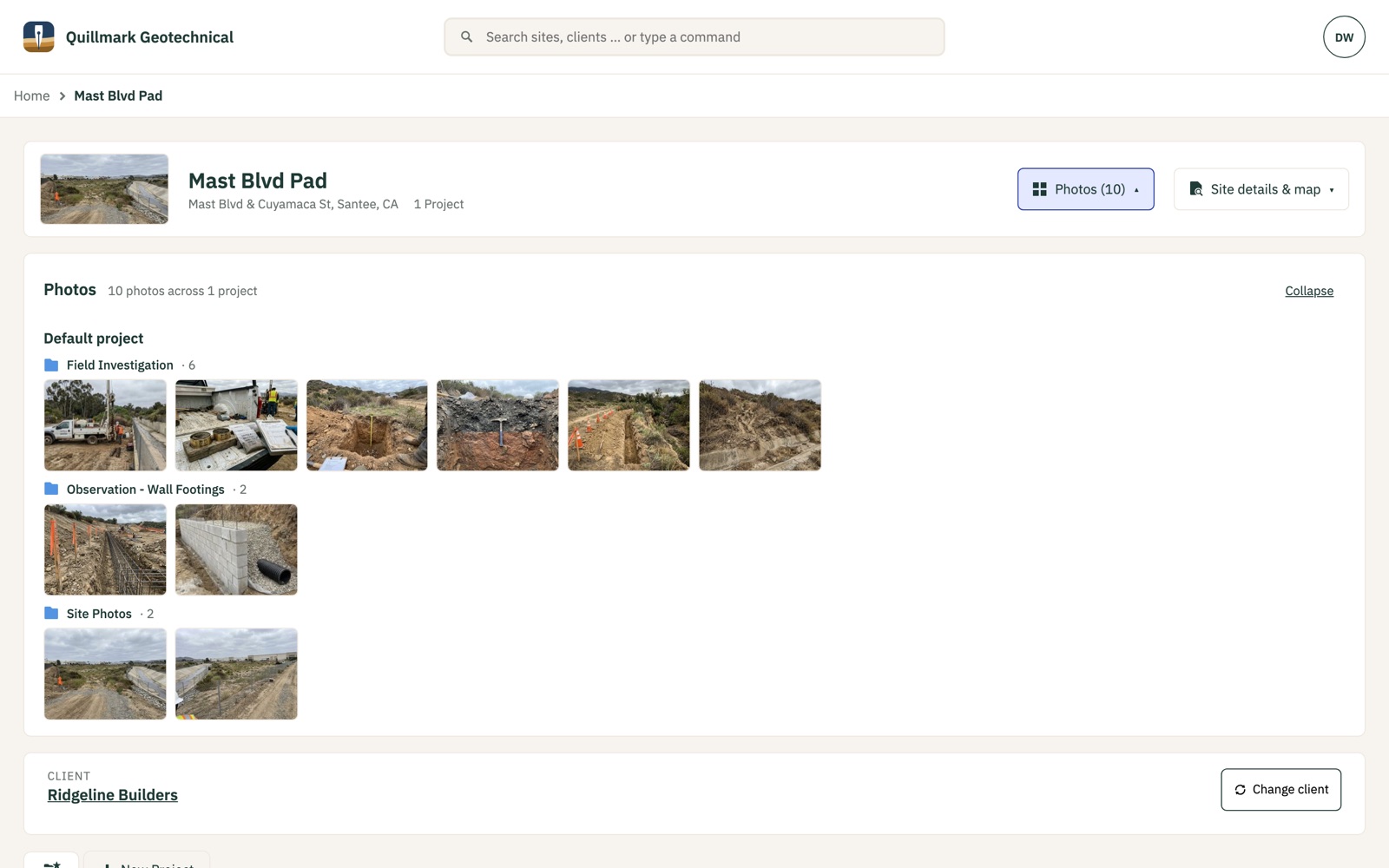 A Site’s photo gallery: ten field photos as thumbnails, grouped under the folders Field Investigation, Observation - Wall Footings and Site Photos.