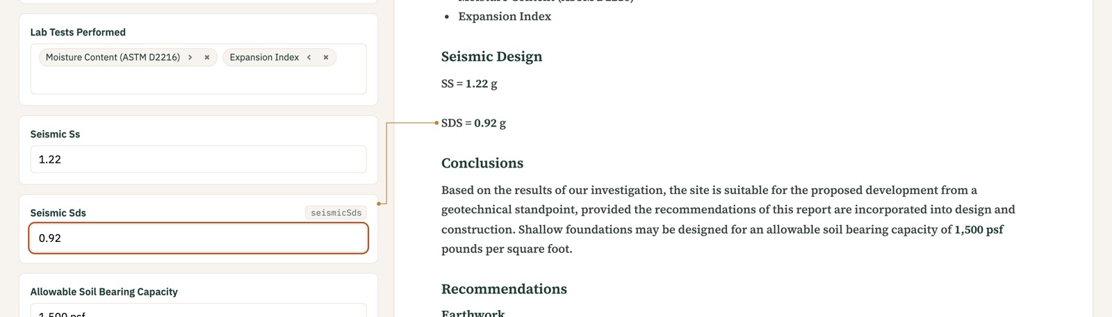 The seismic fields, Sds 0.92 and Ss 1.22, with a line from Sds to its value in the report’s Seismic Design section.