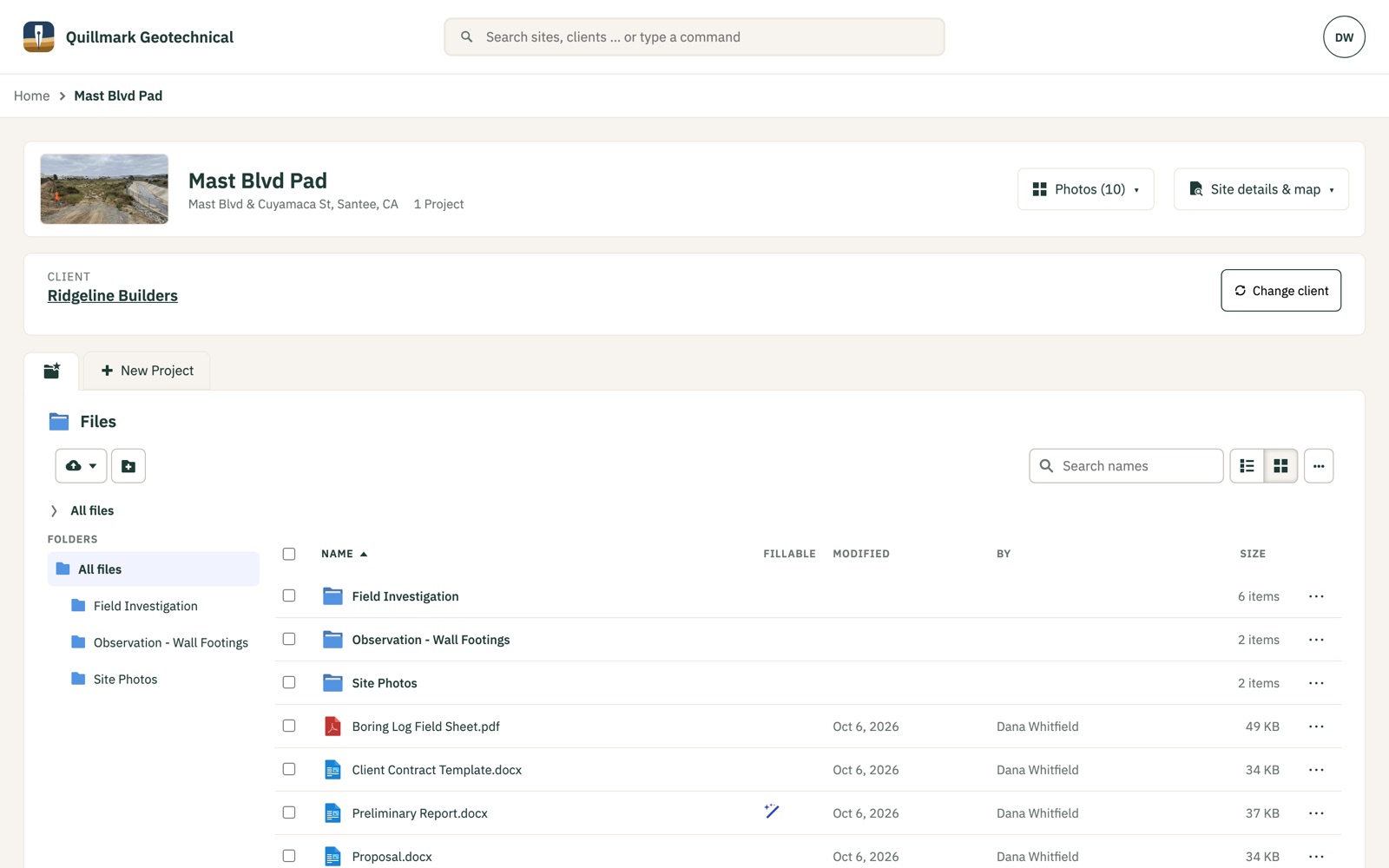 A Site page: the site’s photo, its client, and the project’s folders and files, with the Preliminary Report marked as fillable.